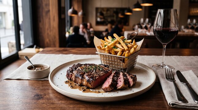 Gourmet Steak Dinner with French Fries and Red Wine in a Restaurant Setting