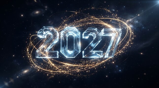Futuristic digital year two thousand twenty seven celebration design with cosmic elements