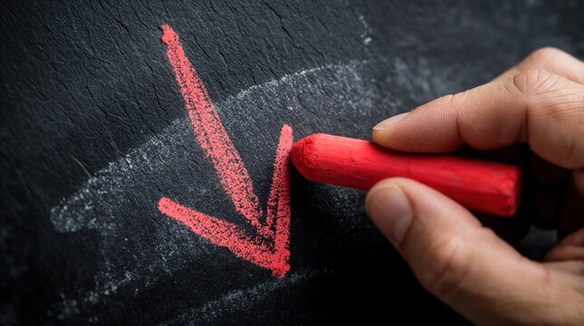 Hand draws red arrow pointing down on blackboard with chalk. Symbolizes decline, loss, and negative trends in finance or business. Illustrates economic downturn.