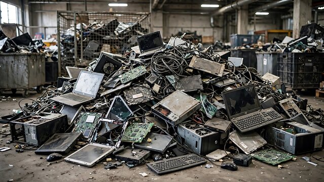 A large heap of discarded electronic waste and broken computer hardware in a recycling facility