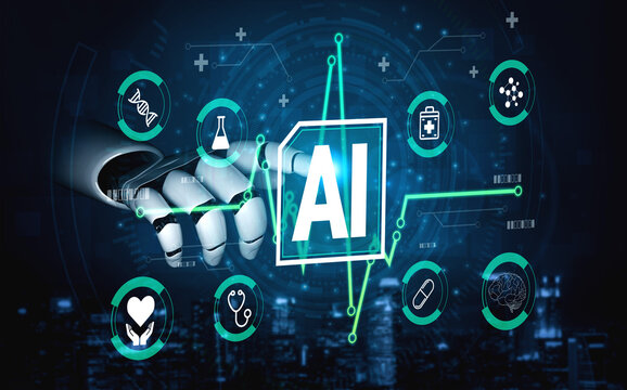 Futuristic Artificial Intelligence Concepts in Healthcare with Robotic Hand Touching AI Sign and Various Medical Icons Haptic.