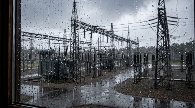 Rainy day at an electrical substation with transformers and power lines viewed through a wet window
