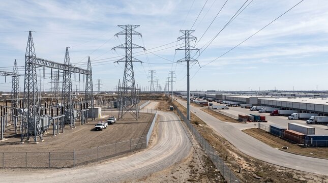Industrial landscape with power lines and distribution center under a cloudy sky