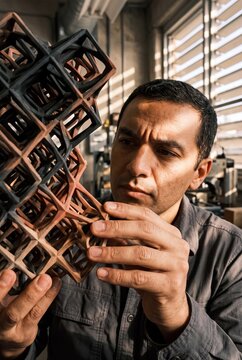 Male architect or artist examining a complex geometric lattice structure prototype in a bright workshop studio
