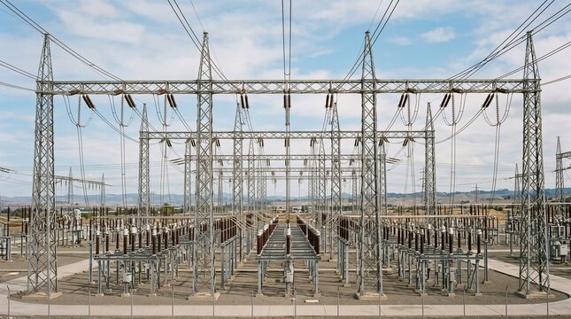 Electrical substation with high voltage power lines and towers under a cloudy sky