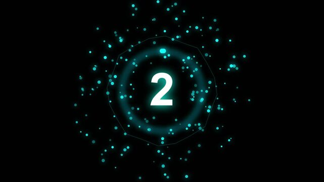 Digital countdown timer with glowing neon light particles orbiting against dark void background.