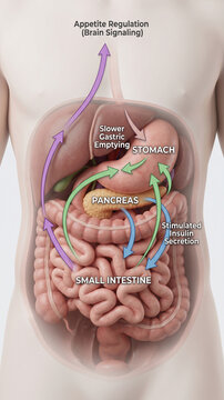 Patient-Friendly GLP-1 Digestive Signaling Diagram in Clear Torso View