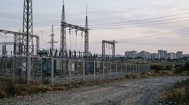 Electrical substation with power lines and city skyline in the background under a cloudy sky