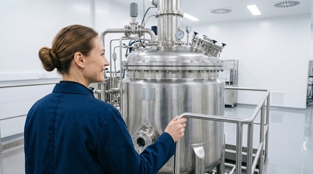 Scientist in blue lab coat observing large stainless steel industrial fermentation tank in a clean modern laboratory