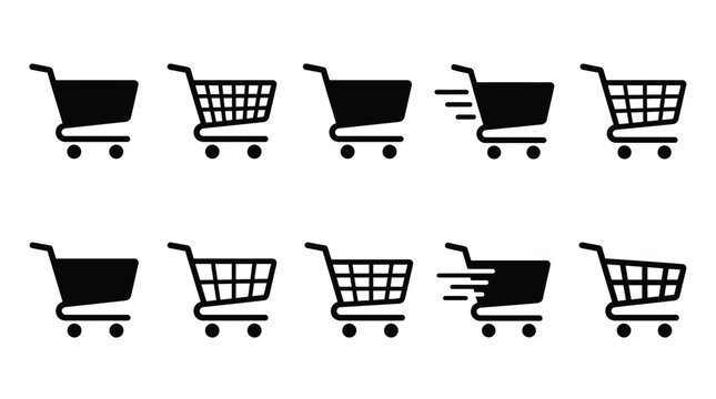 Shopping cart icons set featuring diverse black silhouettes for e-commerce website design and digital retail user interface application navigation systems