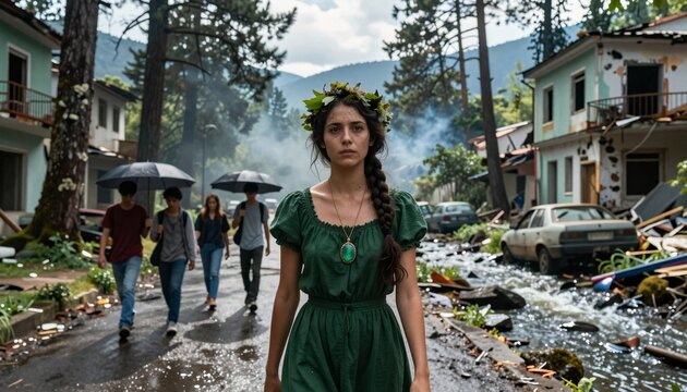 Woman in Green Dress Amidst Flooded Urban Ruins