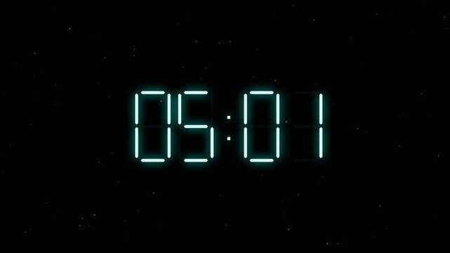 Digital countdown timer with teal neon glowing numbers and floating particles on black background.