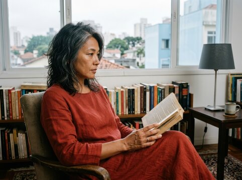 Reading retreat at home with woman in a cozy library chair