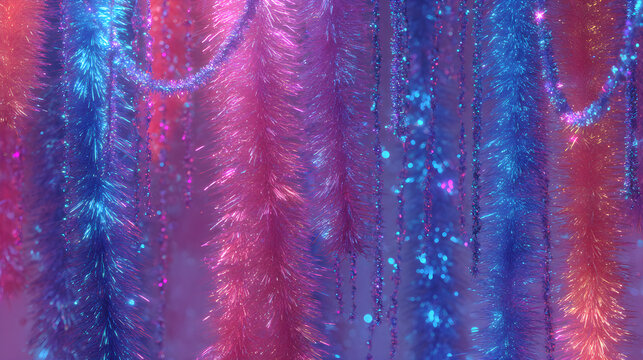 Macro Background of Retro 1980s Tacky Christmas Tinsel Garlands Hanging in Dense Strands Glowing in Neon Fuchsia Electric Blue and Warm Orange