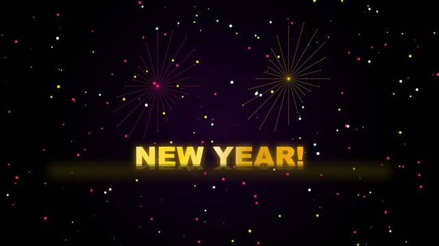 New year greeting text animation with colorful fireworks display on dark background footage.