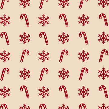 Christmas Seamless Pattern with Candy Canes and Snowflakes