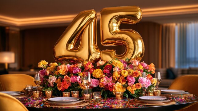 Elegant 45th birthday setup with gold balloons and floral centerpiece on a decorated table, ideal for upscale birthday party promotions.