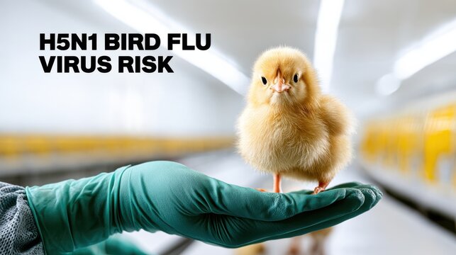 Gloved hand holding a baby chick in a clean farm setting, highlighting bird flu risk and biosecurity concept.