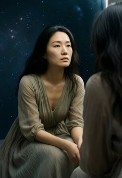 Self reflection and introspection, woman looking at mirror with deep thoughts and existential questioning in a surreal cosmic space with starry night sky