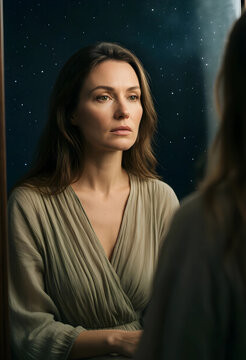 Self reflection and mental health, woman looking at her mirror image with thoughtful expression and starry night background for introspection