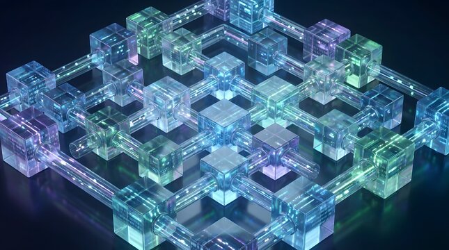 Blockchain technology concept with glowing crystal cubes, futuristic data network structure, digital infrastructure and decentralized computing system