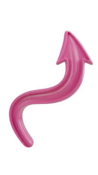Pink 3D arrow pointing up, glossy plastic curved arrow icon, vibrant magenta directional sign for business growth and social media trends