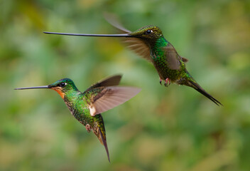 Fototapeta premium Sword-billed Hummingbird Ensifera ensifera two birds hovering mid-flight, world's longest bill relative to body size, iridescent green feathers, Andes cloud forest Ecuador, wildlife action shot