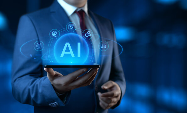 Businessman Holding smartphone with AI Artificial Intelligence Icons on Screen