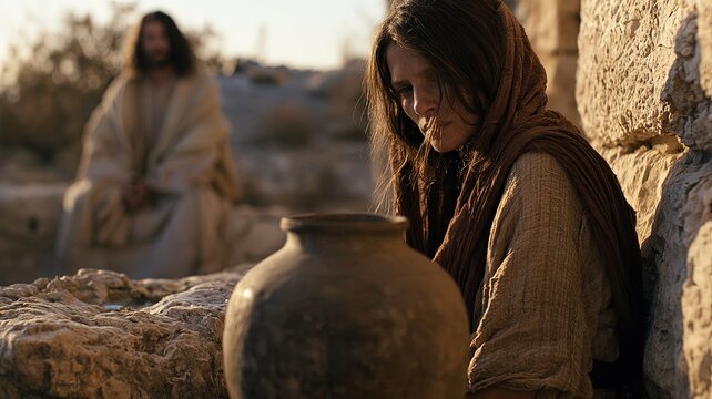 Samaritan Woman at the Well Listening to Jesus, Sacred Painting for Bible Education