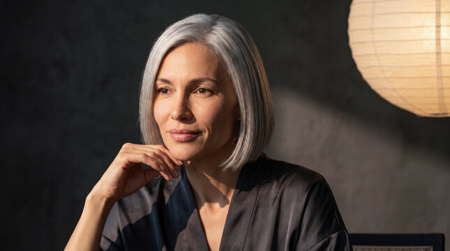 Pensive mature woman resting her chin on hand in evening skincare moment