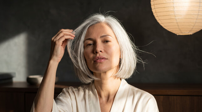 Confident mature woman touching silver hair during evening beauty routine