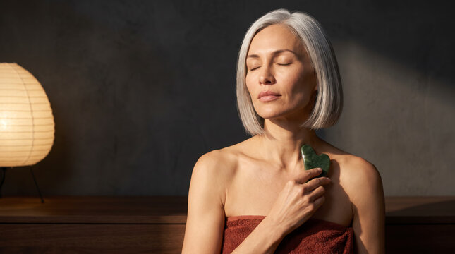 Serene mature woman using green jade gua sha stone on her bare shoulder