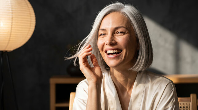 Engaged mature woman laughing while touching her silver hair at home today