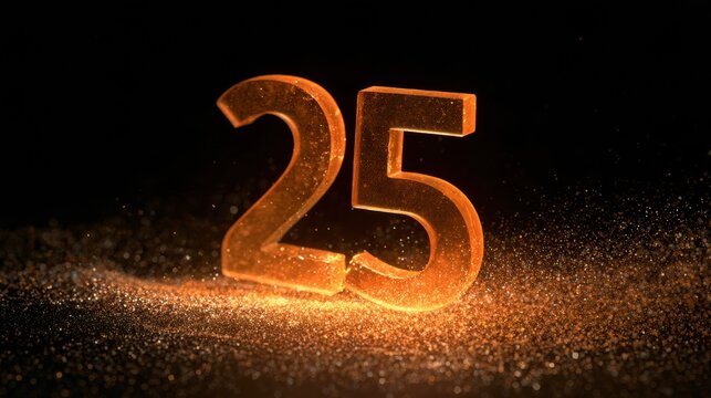 A single glowing amber number 25 floats in dark space surrounded by warm particles showing the concept of compound interest and freedom.