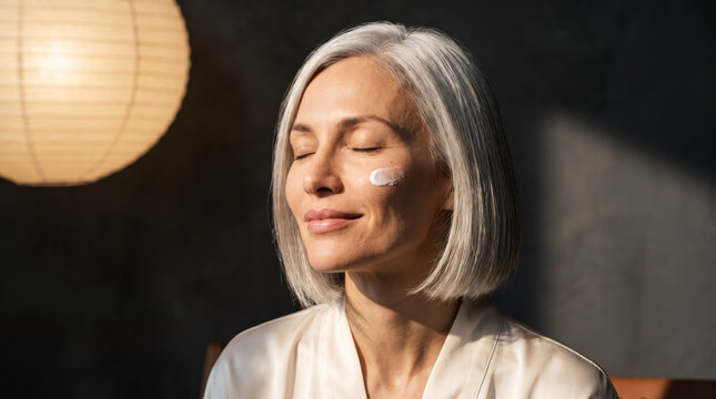 Content mature woman with a moisturizer cream dot on cheek during skincare