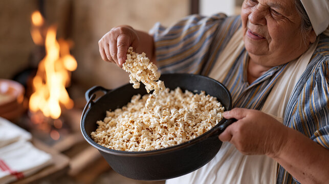 An Italian grandmother tossing fresh kettle corn in a cast iron pot over an open fireplace on national popcorn day, rustic farmhouse kitchen, traditional snack making, cozy winter