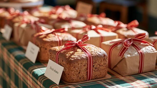 National fruitcake day december a holiday bake sale table with dozens of wrapped fruitcakes labeled with ribbons community fundraiser december winter event artisan baking seasonal