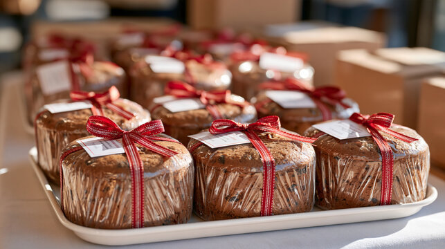 National fruitcake day december a holiday bake sale table with dozens of wrapped fruitcakes labeled with ribbons community fundraiser december winter event artisan baking seasonal