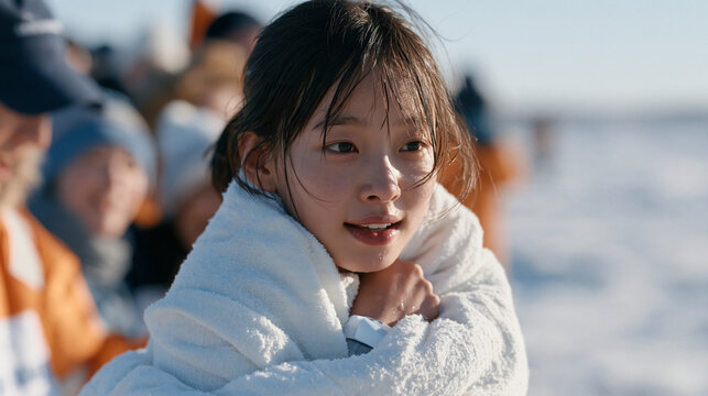 A Korean teenage girl hesitating at the ocean's edge with arms hugged to her chest while friends cheer her on during polar bear plunge day, first winter dip, new year courage, icy