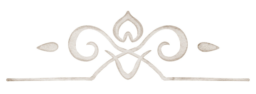 Classical ornament watercolor illustration with elegant symmetrical scrollwork isolated on background. Decorative divider clipart for Mediterranean, Roman, vintage and antique inspired designs.