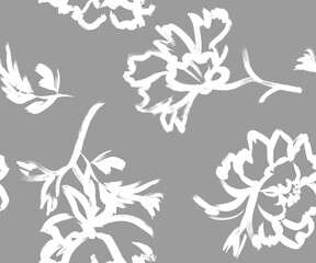 Seamless pattern with silhouettes of peonies flowers painted for textile and surface design. Summer motif with dynamic botanical composition © Марина Воюш