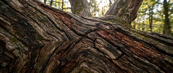 Obraz premium Bark Texture on an Old Tree Trunk with Moss in a Sunny Forest