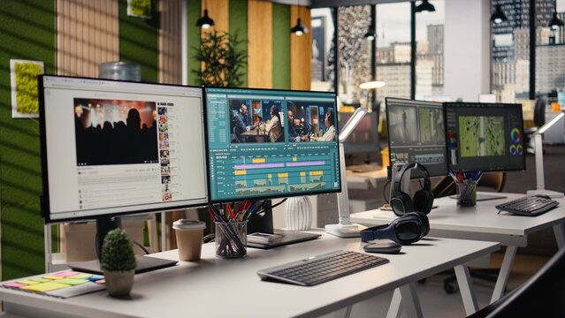 Empty workstation shows video editing software with raw recorded clips, toolbar icons, effects panels and adjustment controls for film production.