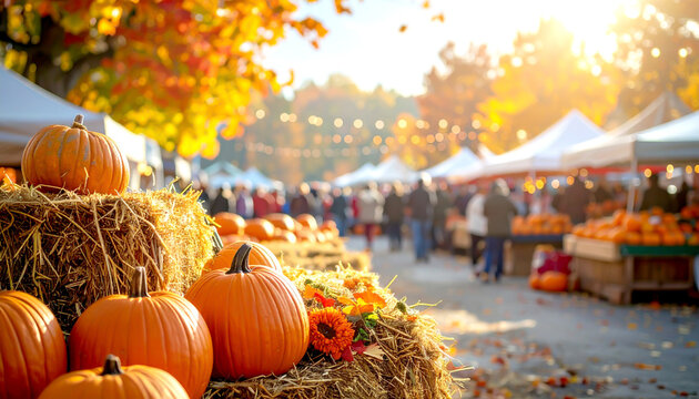Herbstlicher K&uuml;rbismarkt mit Heuballen und Marktst&auml;nden im Sonnenlicht