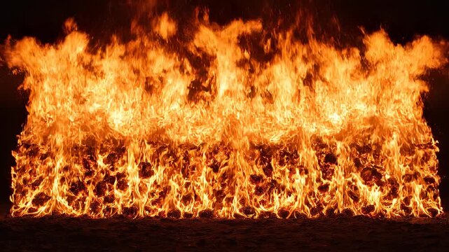 Wildfire spreading across a dark background with intense flames and smoke during nighttime