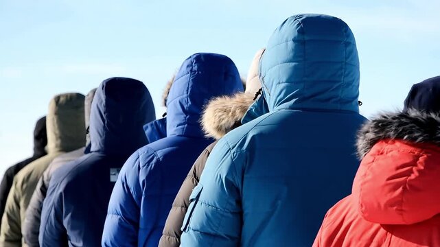 Line of people in colorful winter jackets standing outdoors in cold weather