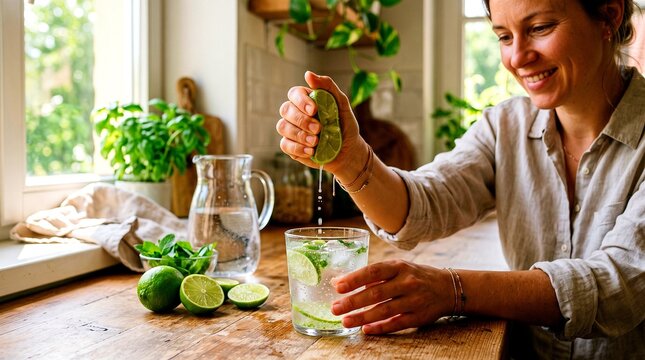Woman squeezing lime into glass of water with ice and mint
