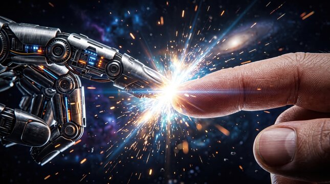 Human finger touching a metallic robotic finger with a bright spark connecting the two hands in space.