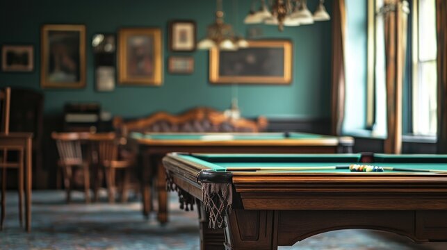 Vintage billiard room interior with classic green felt tables, warm lighting, and traditional dark wood decor creating an inviting atmosphere