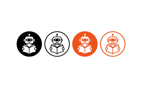 Modern reading robot icon set featuring cute android characters learning in circular shapes
